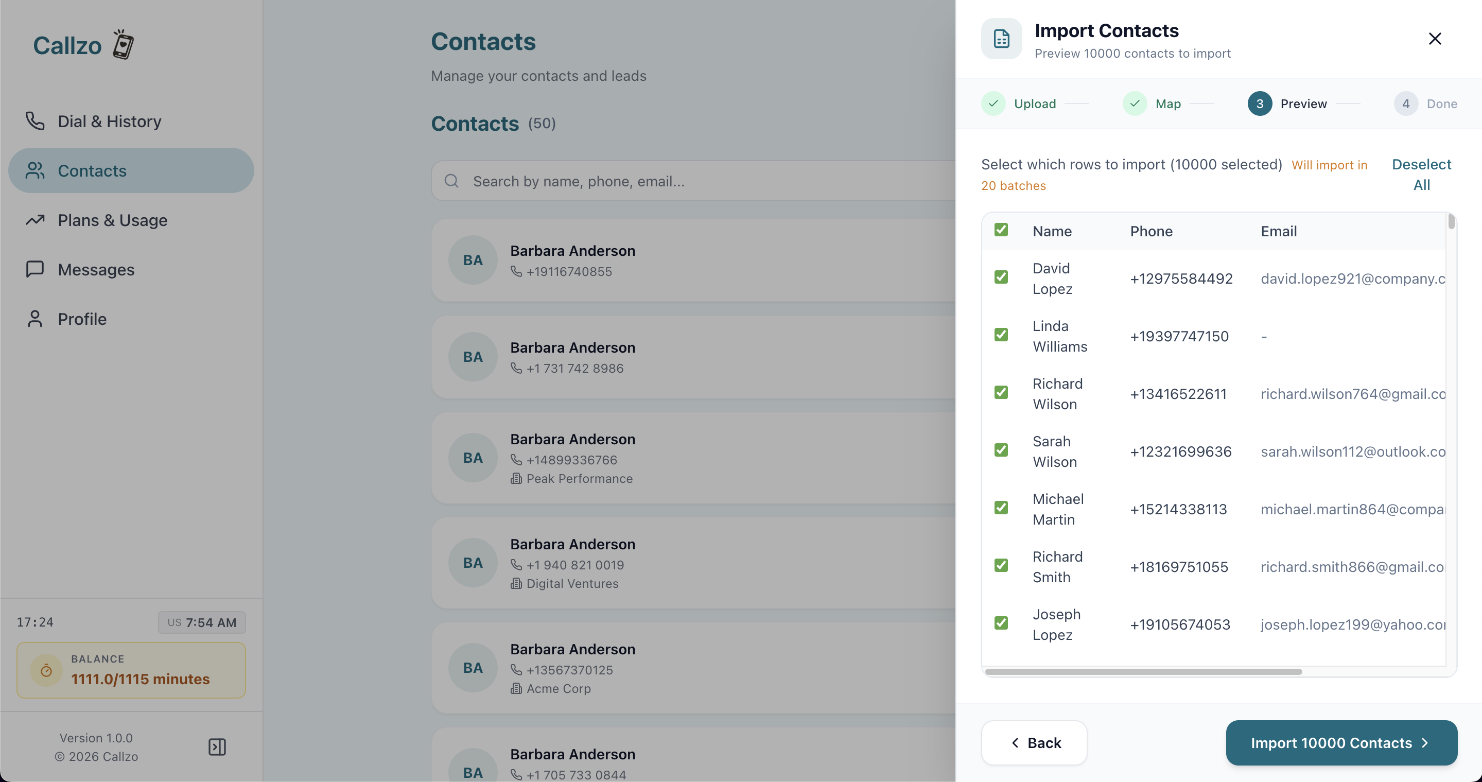 Callzo CSV import screen for leads